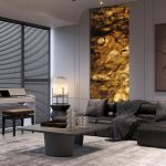 Modern home bathroom with bathtub against wooden paneling