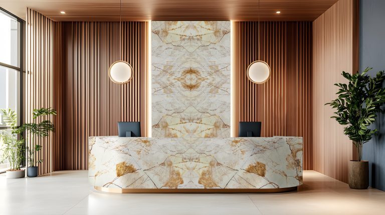 Elegant minimalist interior of a hotel lobby or reception area f