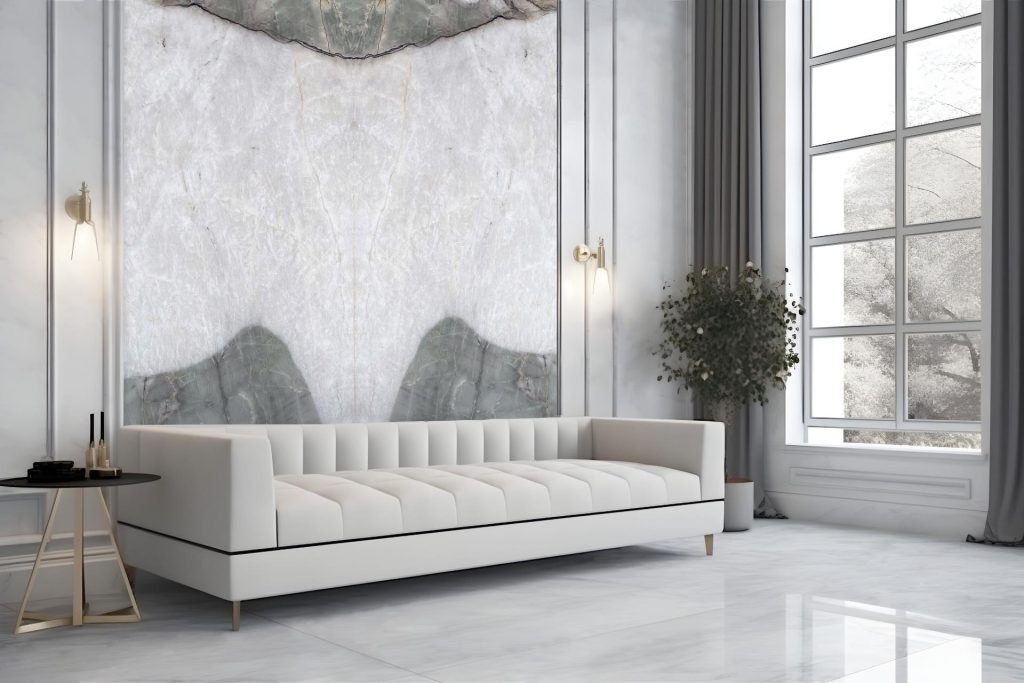 Sala de estar com um bookmatch de Botanic Crystal.