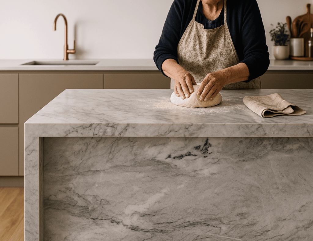 Avó fazendo pão na pedra de mármore